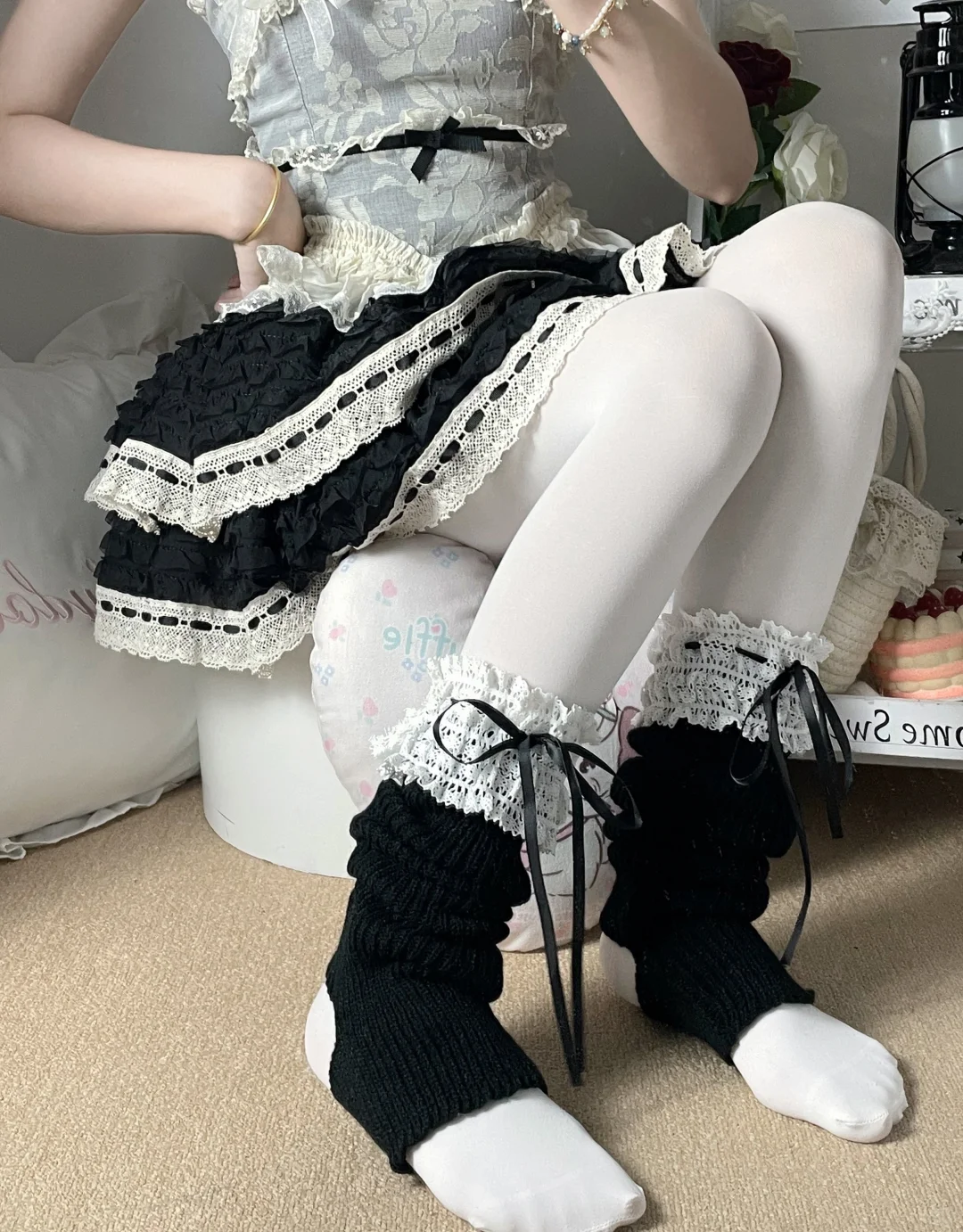 花边丝带踩脚袜套