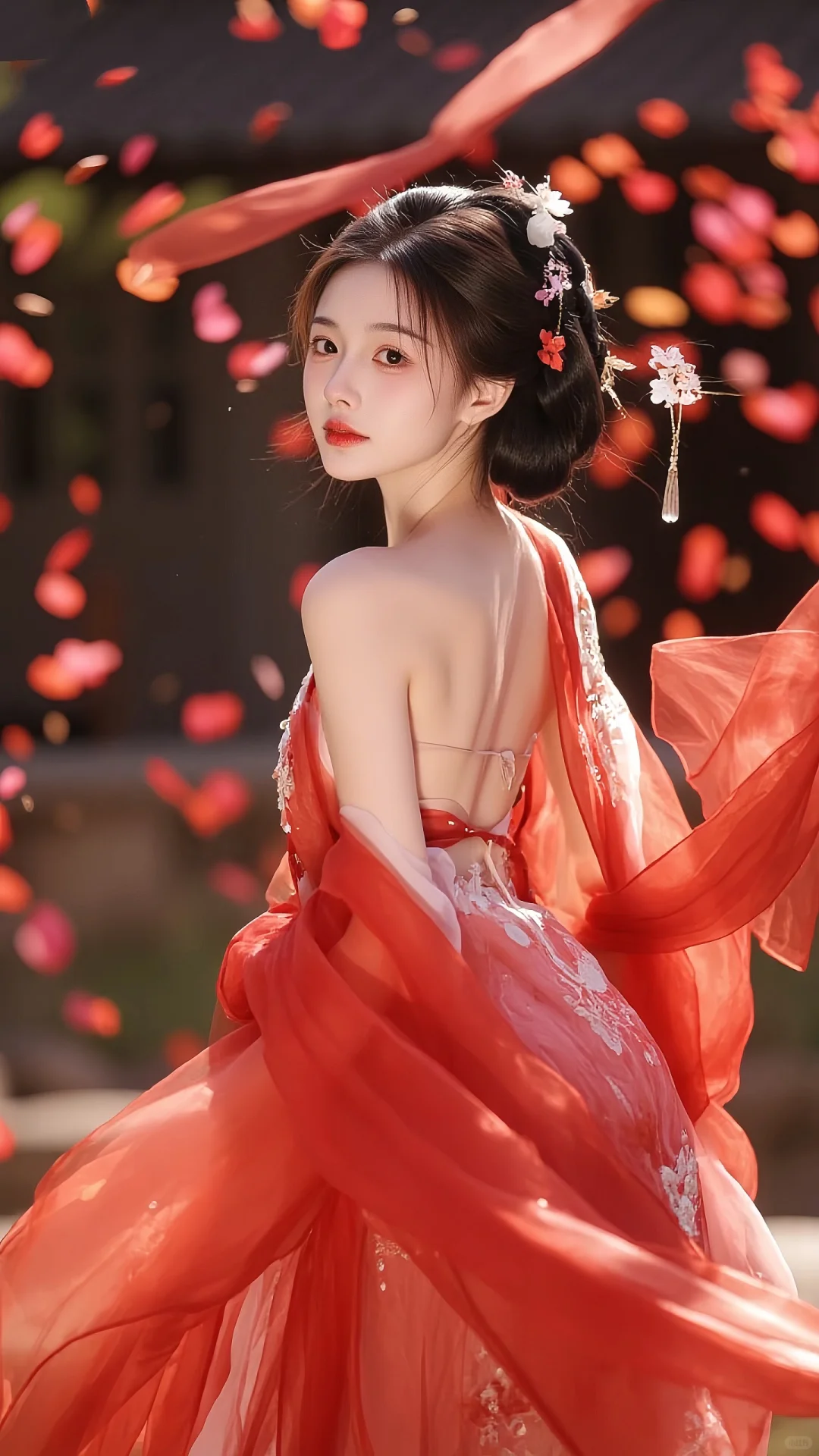 天呐！红衣红花古风美女，简直人间尤物！