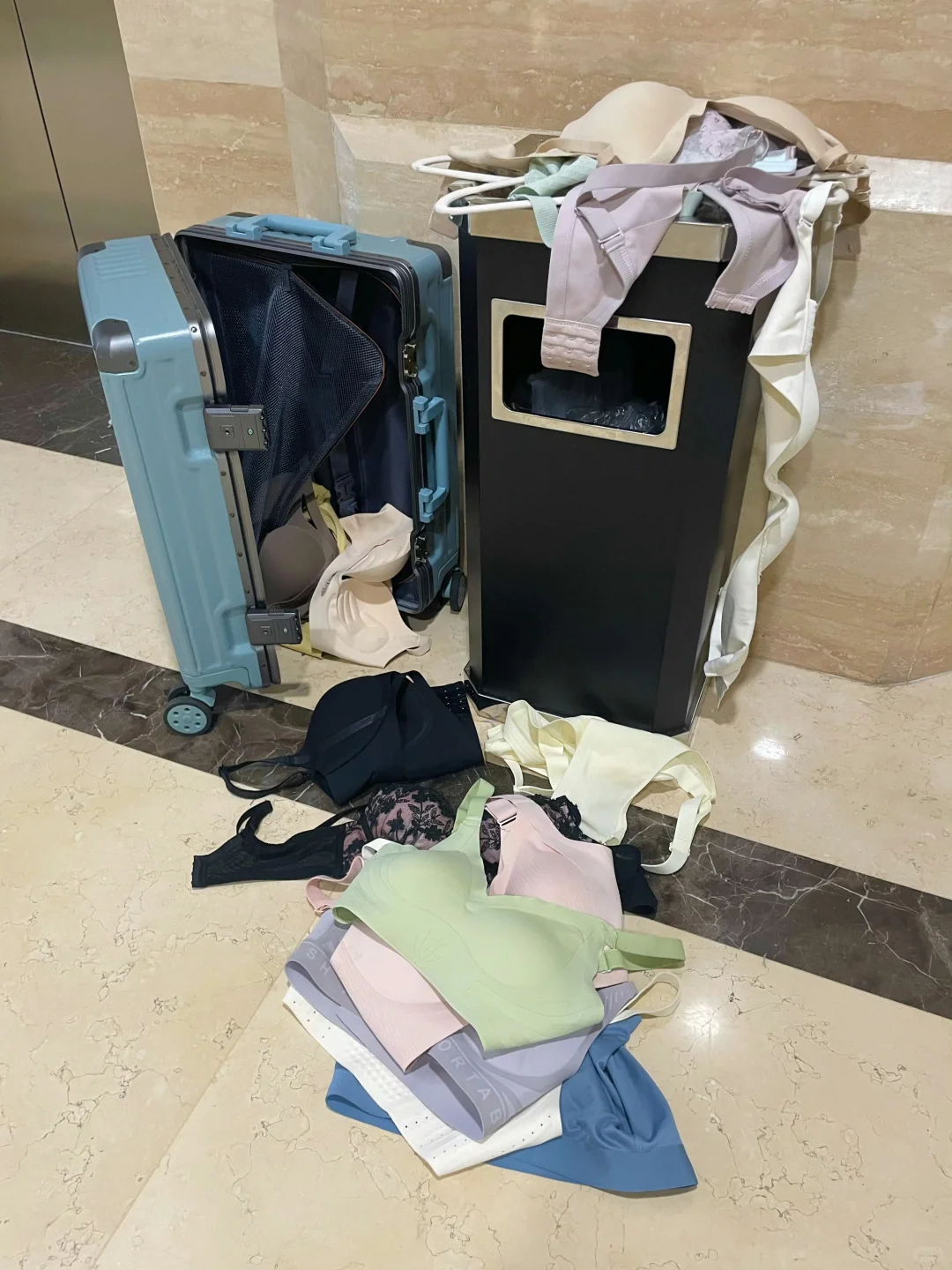 行李箱的内衣被人扔在了垃圾桶