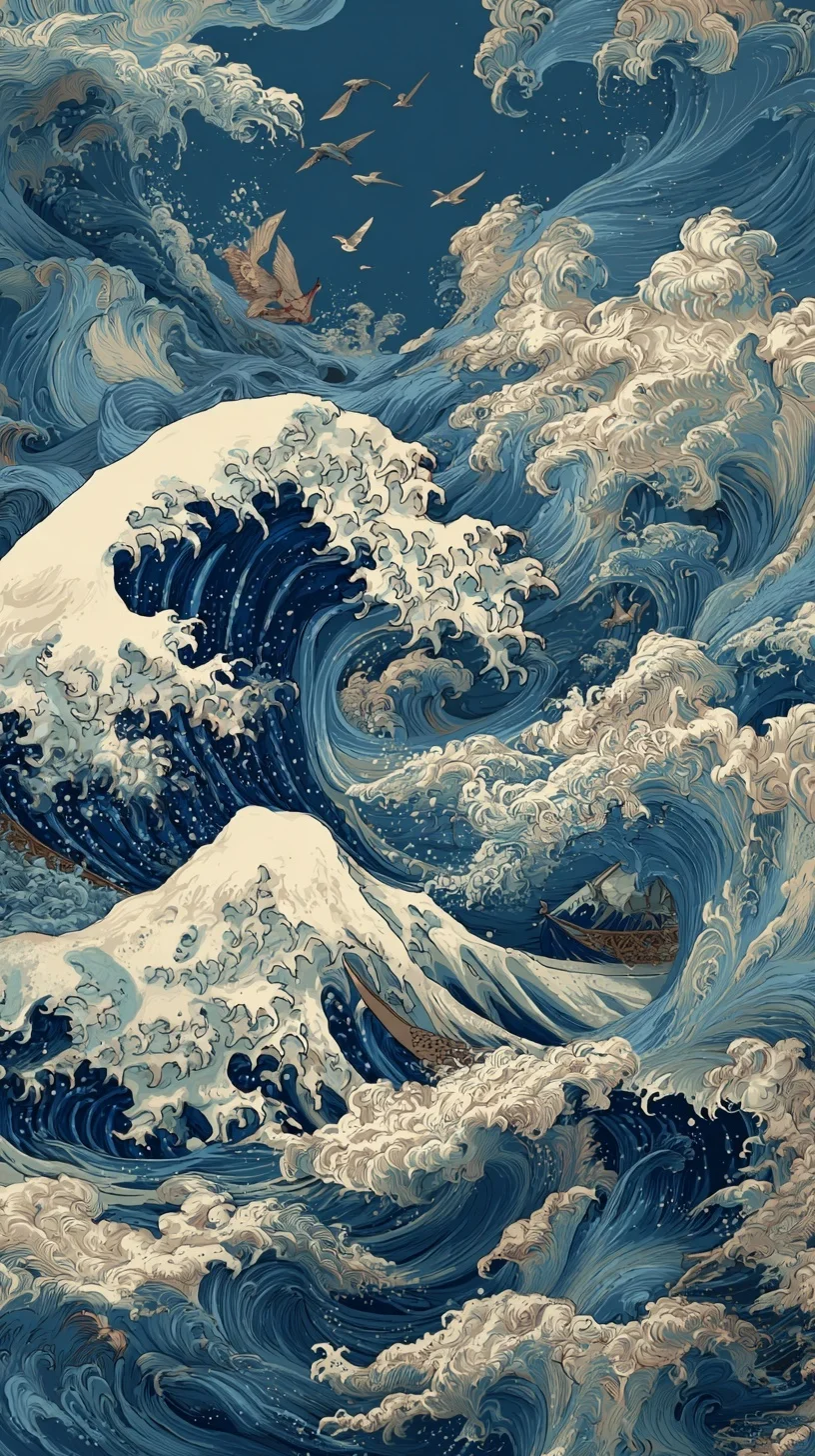 Midjourney咒语丨壁纸：神奈川冲浪里