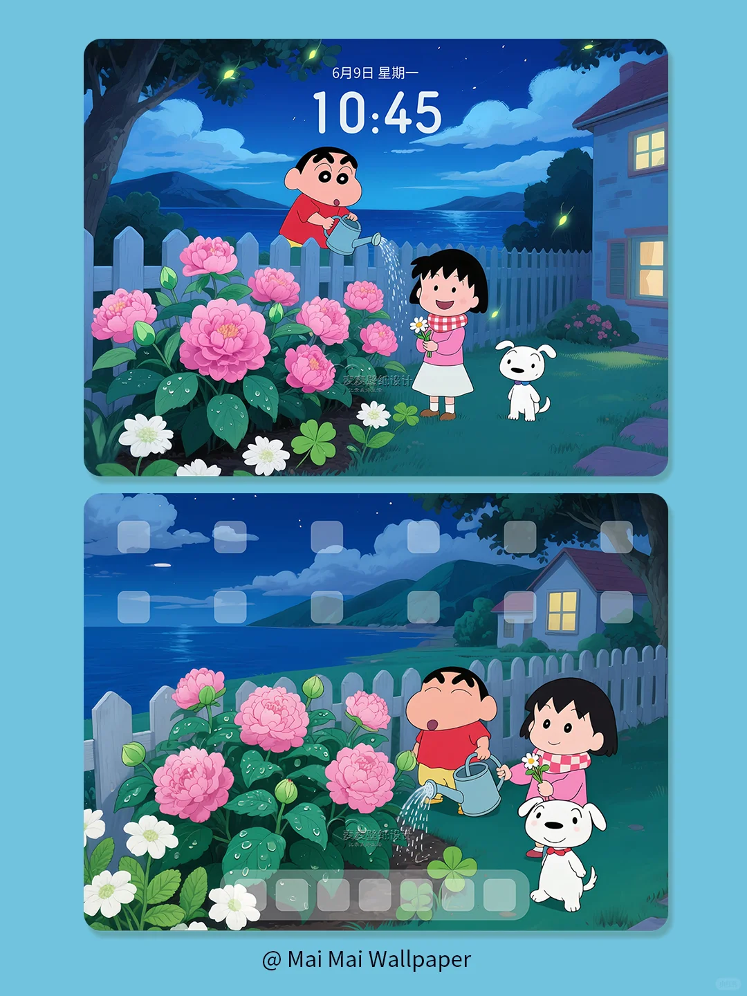 176 蜡笔小新·夜景海边花园 平板壁纸