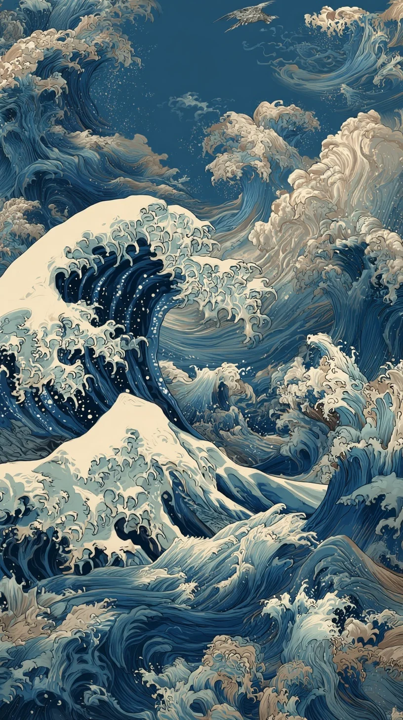 Midjourney咒语丨壁纸：神奈川冲浪里