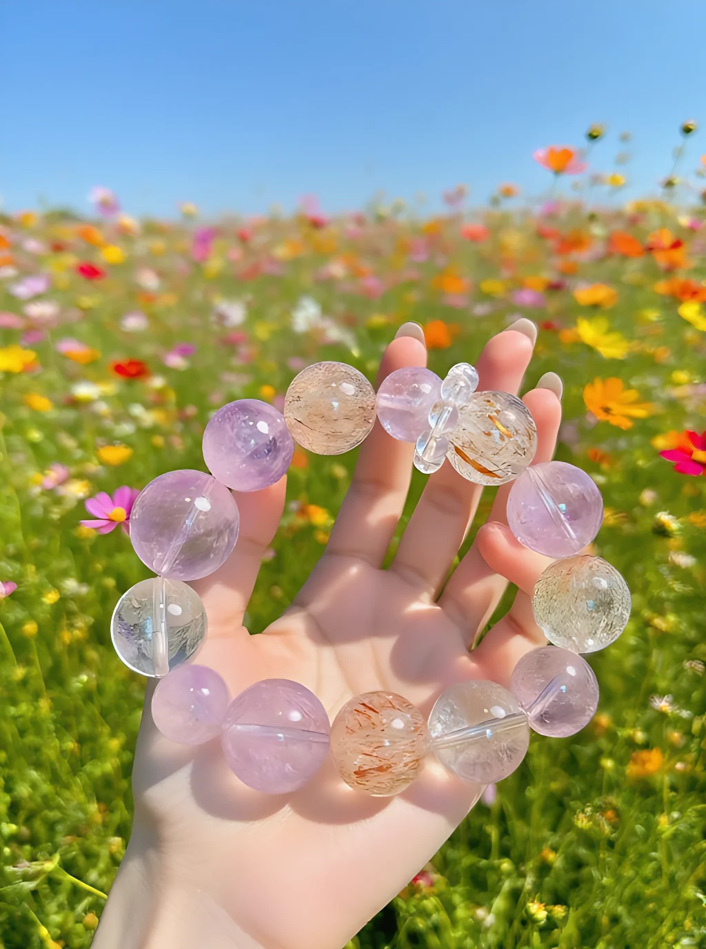 天然白水晶手串女款紫兔毛薰衣草黑金超七拉