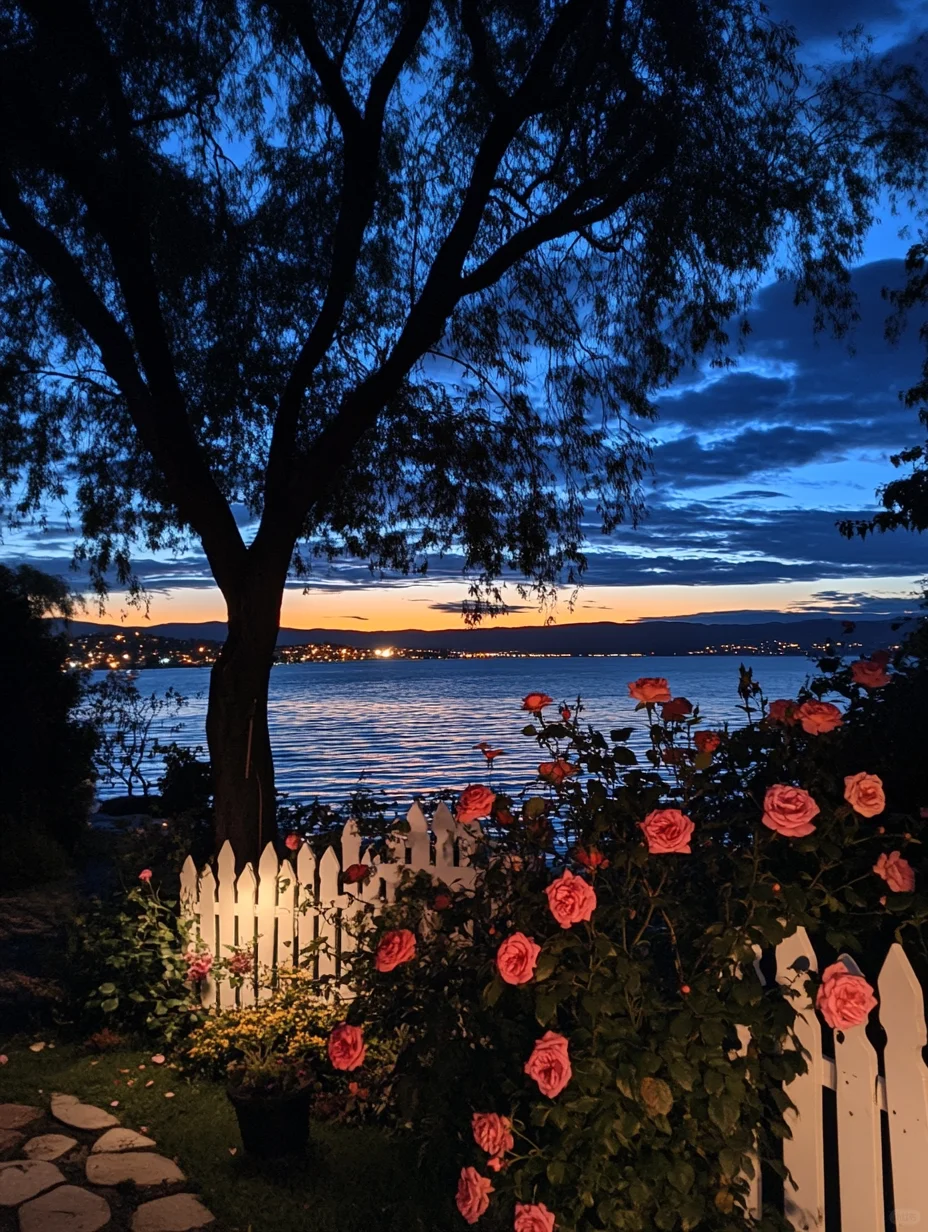 夜幕下的湖边花园花园夜景～