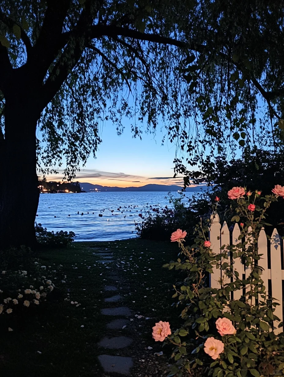 夜幕下的湖边花园花园夜景～