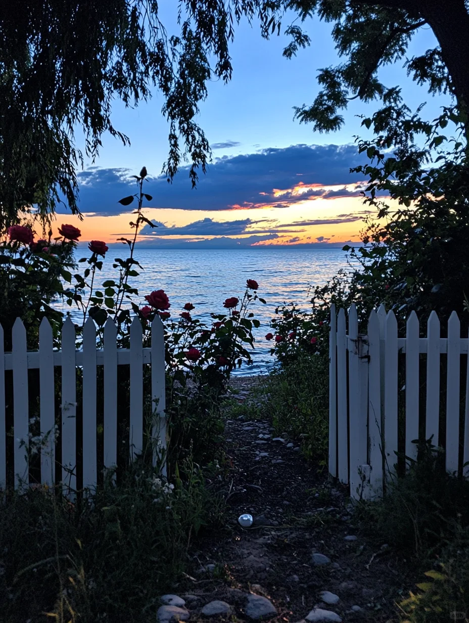 夜幕下的湖边花园花园夜景～