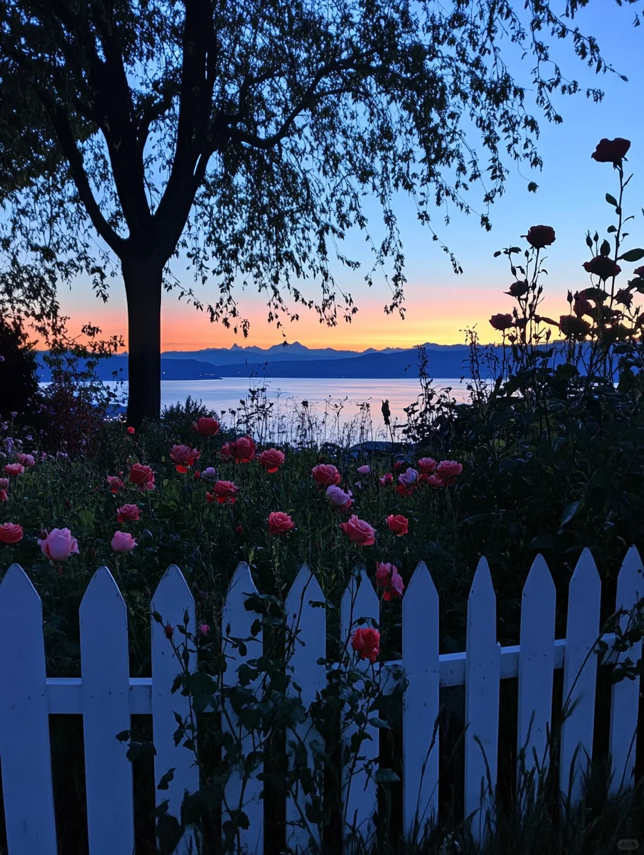 夜幕下的湖边花园花园夜景～