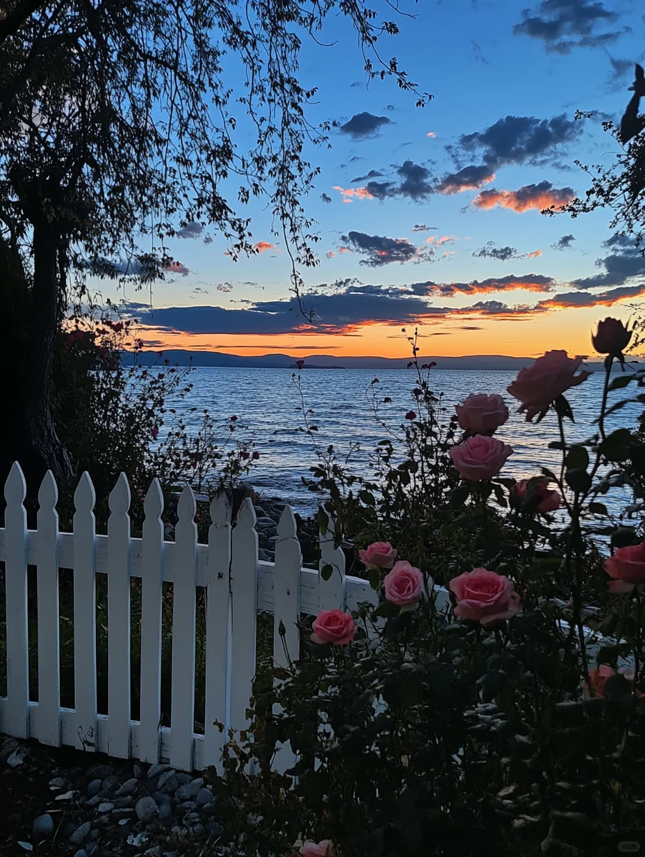 夜幕下的湖边花园花园夜景～