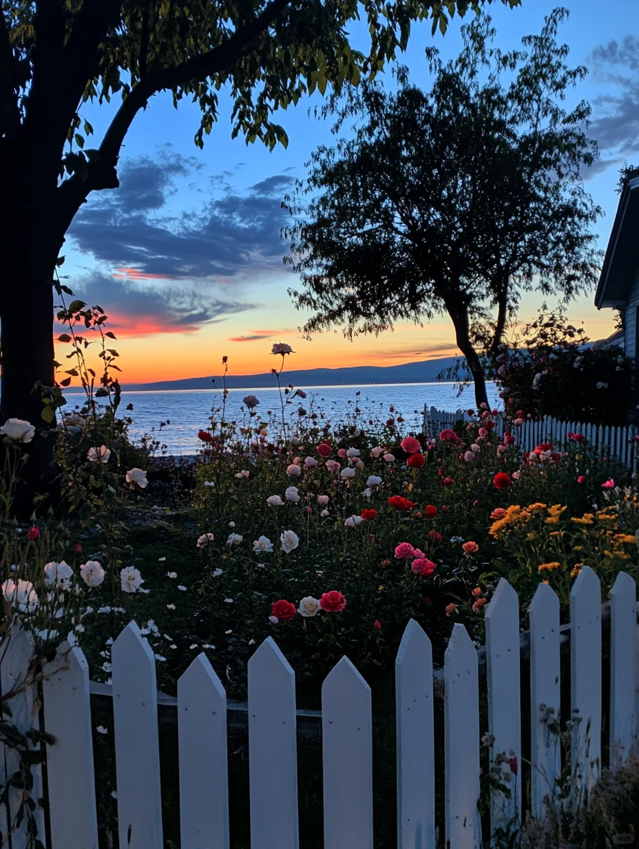 夜幕下的湖边花园花园夜景～