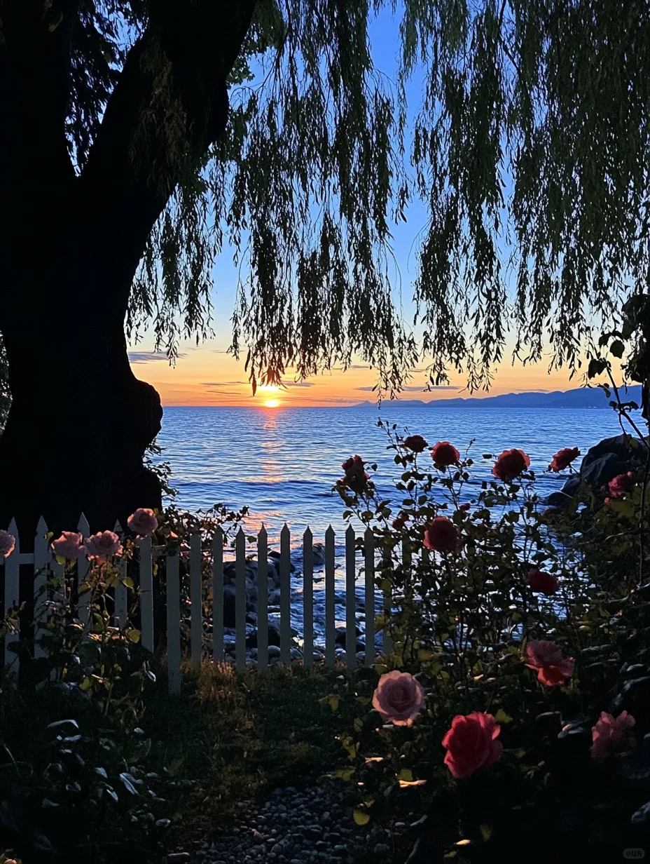 夜幕下的湖边花园花园夜景～
