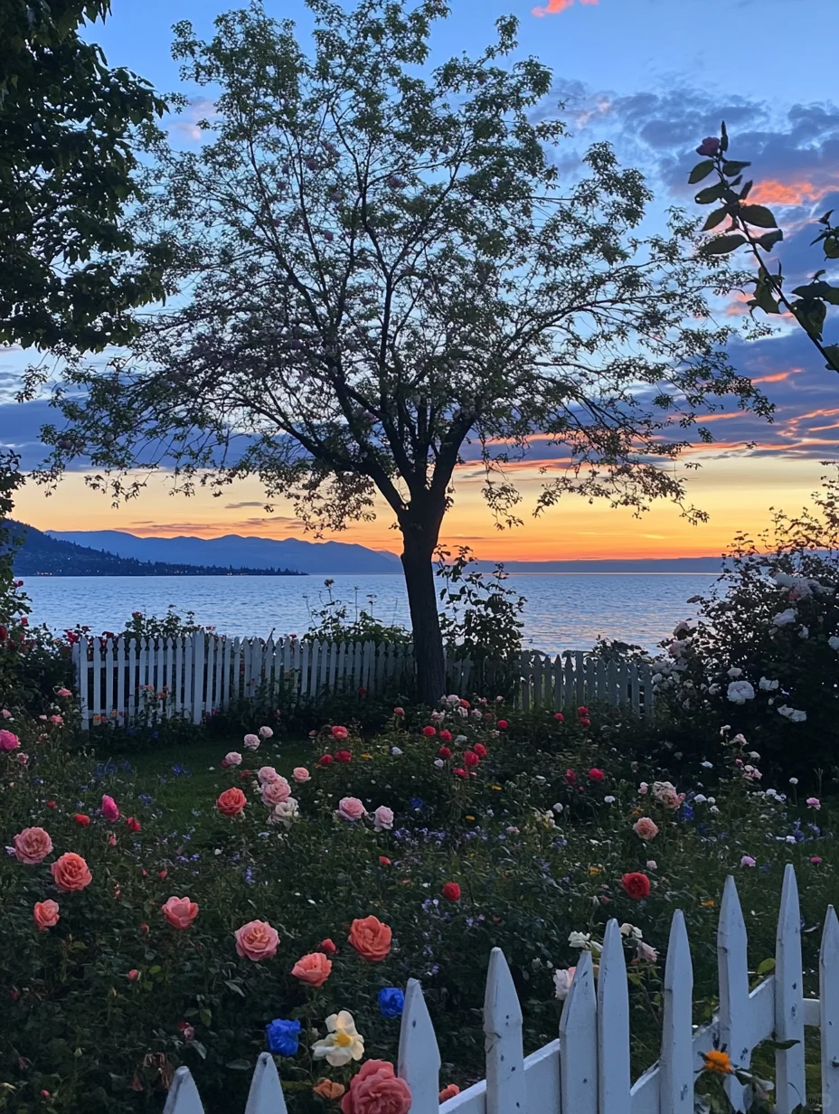 夜幕下的湖边花园花园夜景～