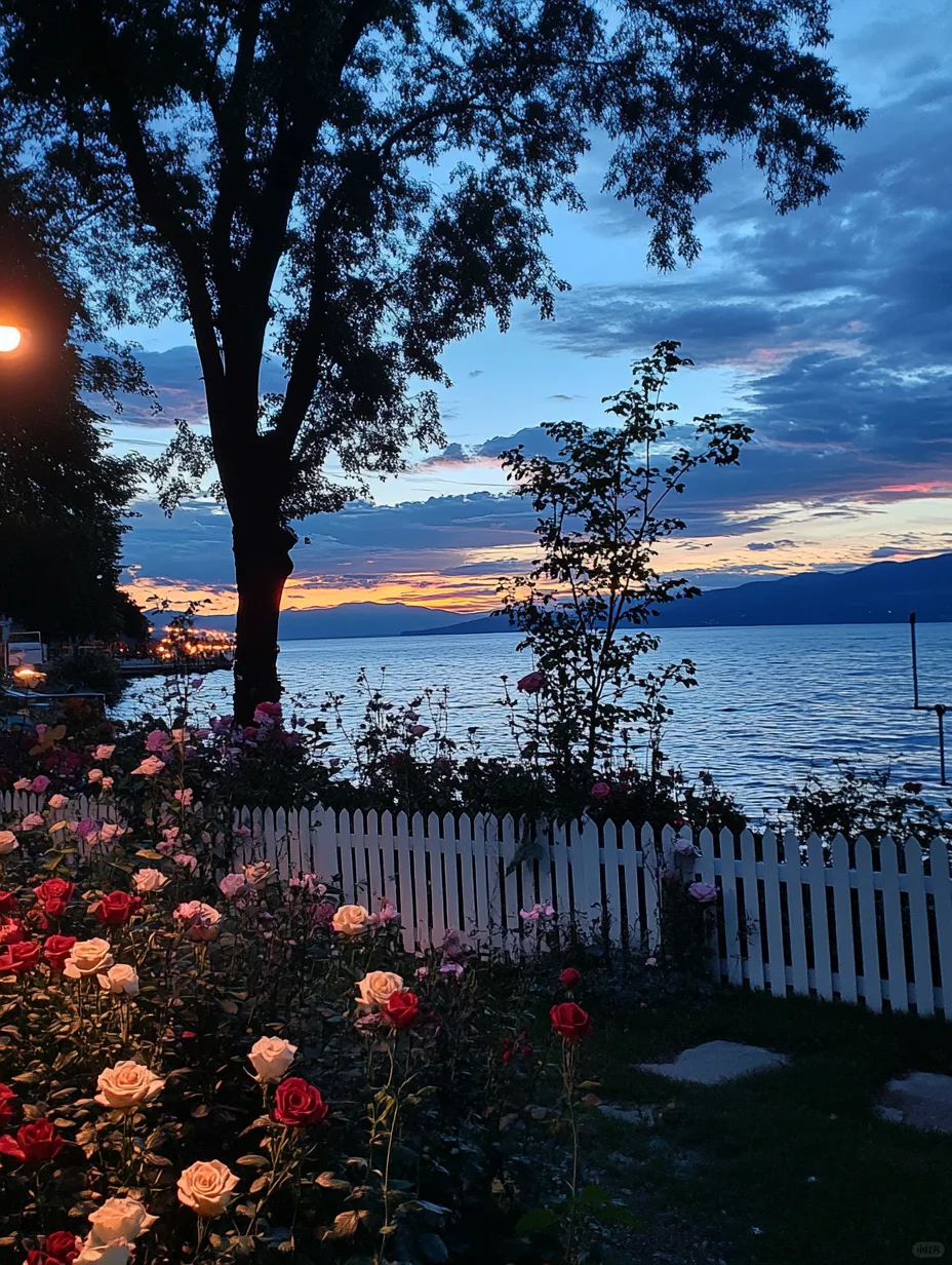 夜幕下的湖边花园花园夜景～