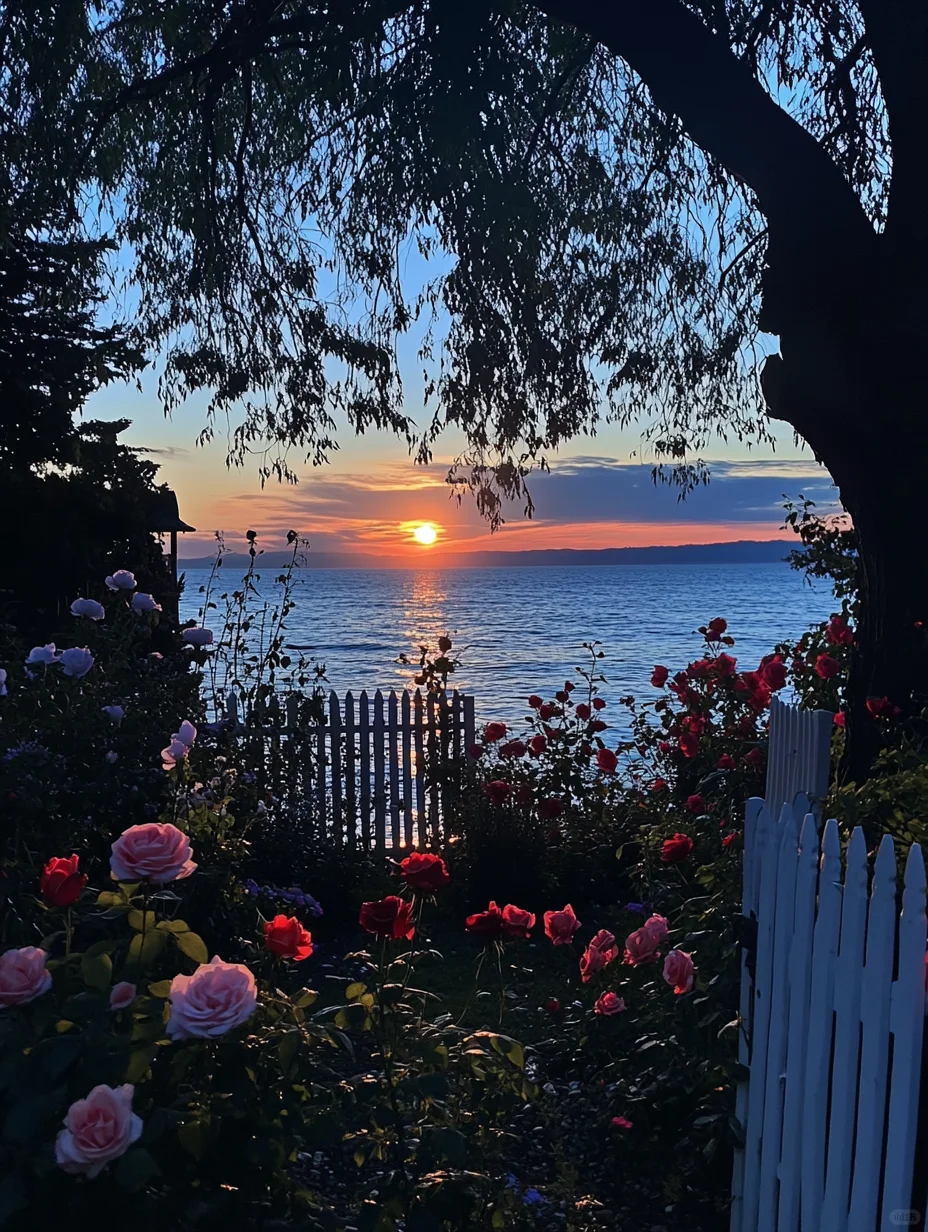 夜幕下的湖边花园花园夜景～