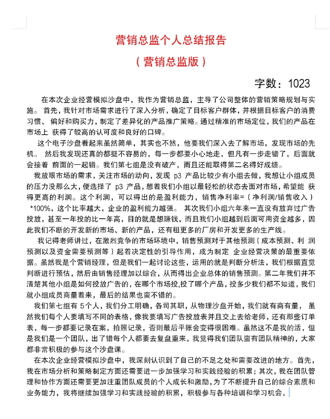 ERP沙盘模拟实训总结报告（营销总监）