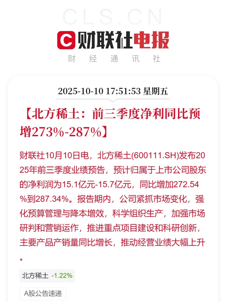 北方稀土：前三季度净利同比预增273%-287%