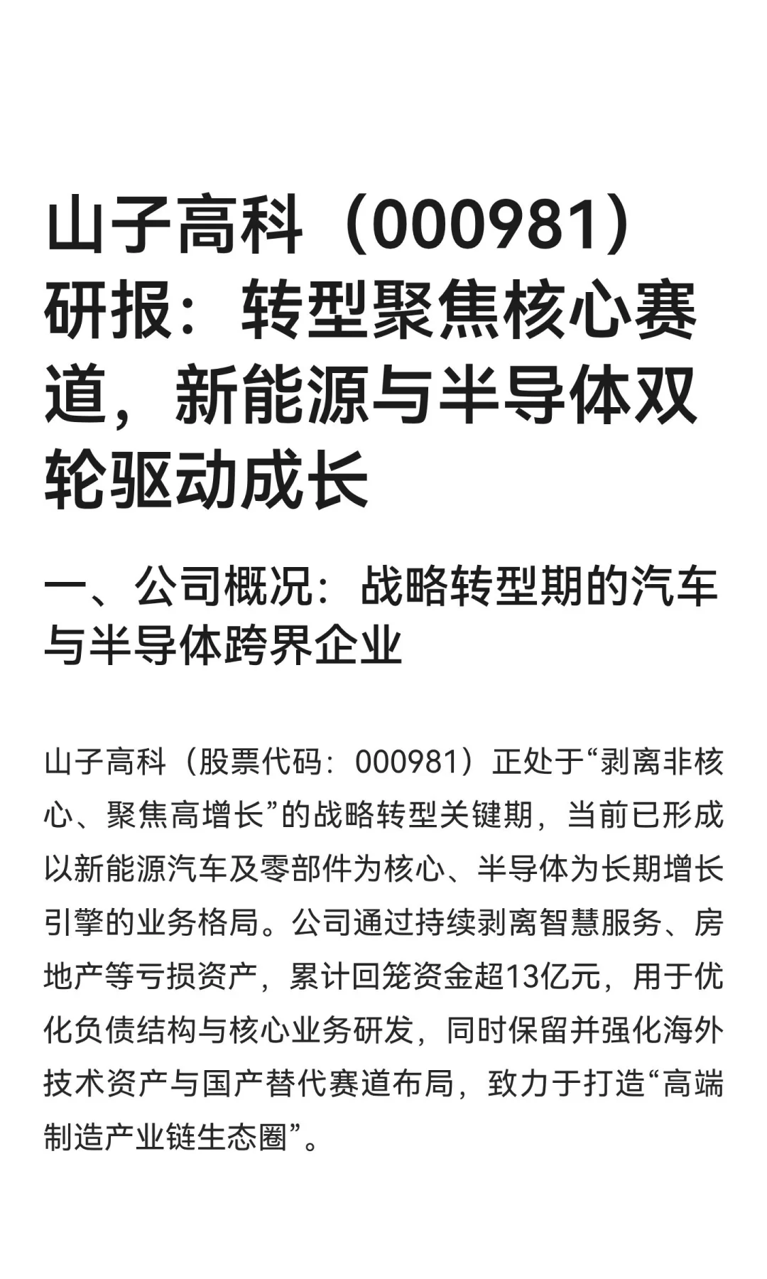 山子高科（000981）研报：转型聚焦核心赛道