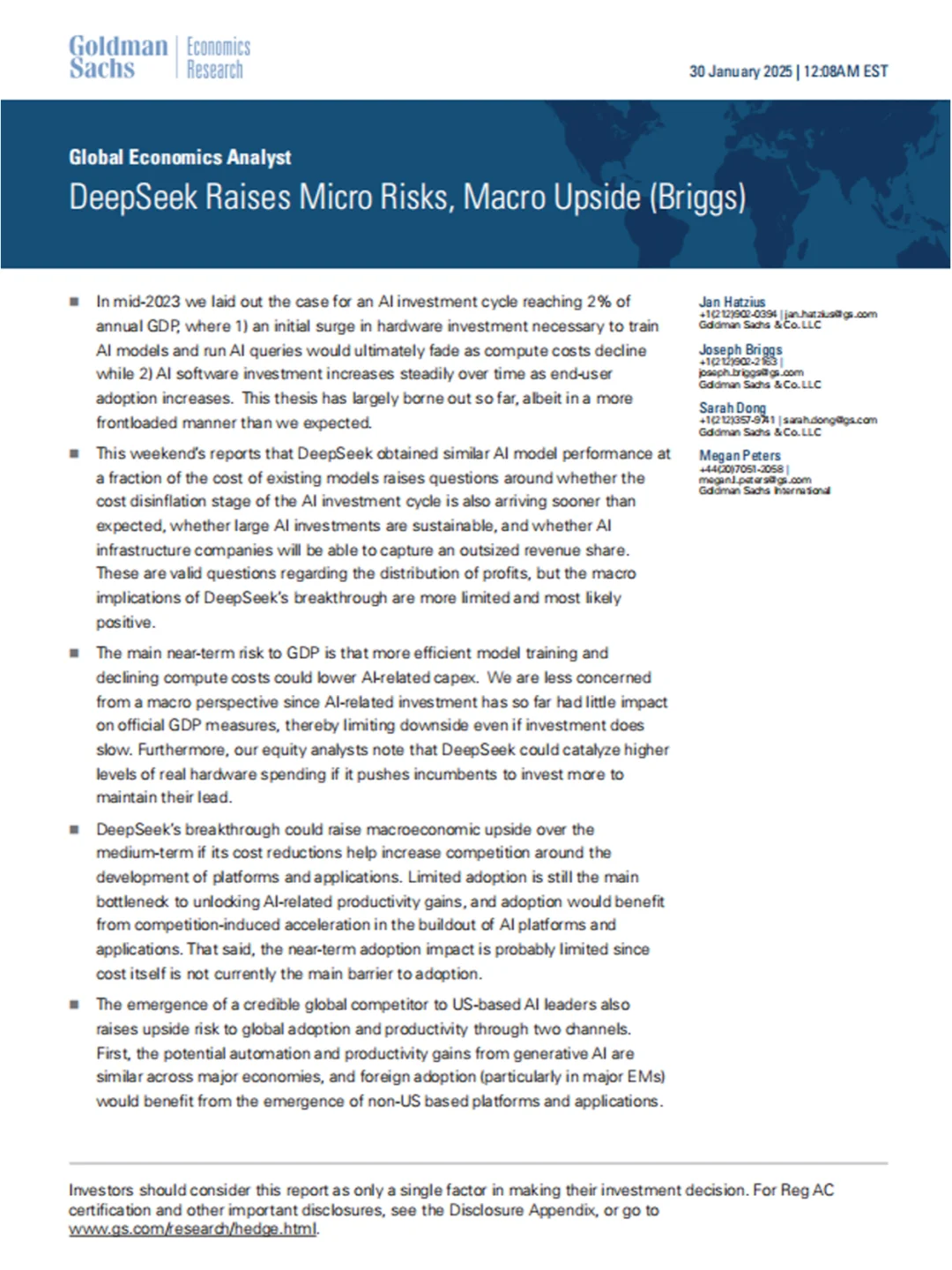 不愧是高盛，对deep seek的研报太有说服力