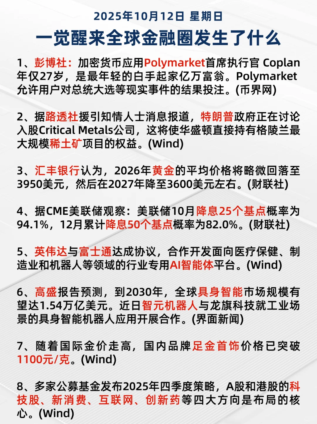 一觉醒来金融圈发生了什么？10月12日信息差