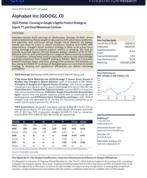 花旗研报：Alphabet谷歌母公司253Q业绩预览