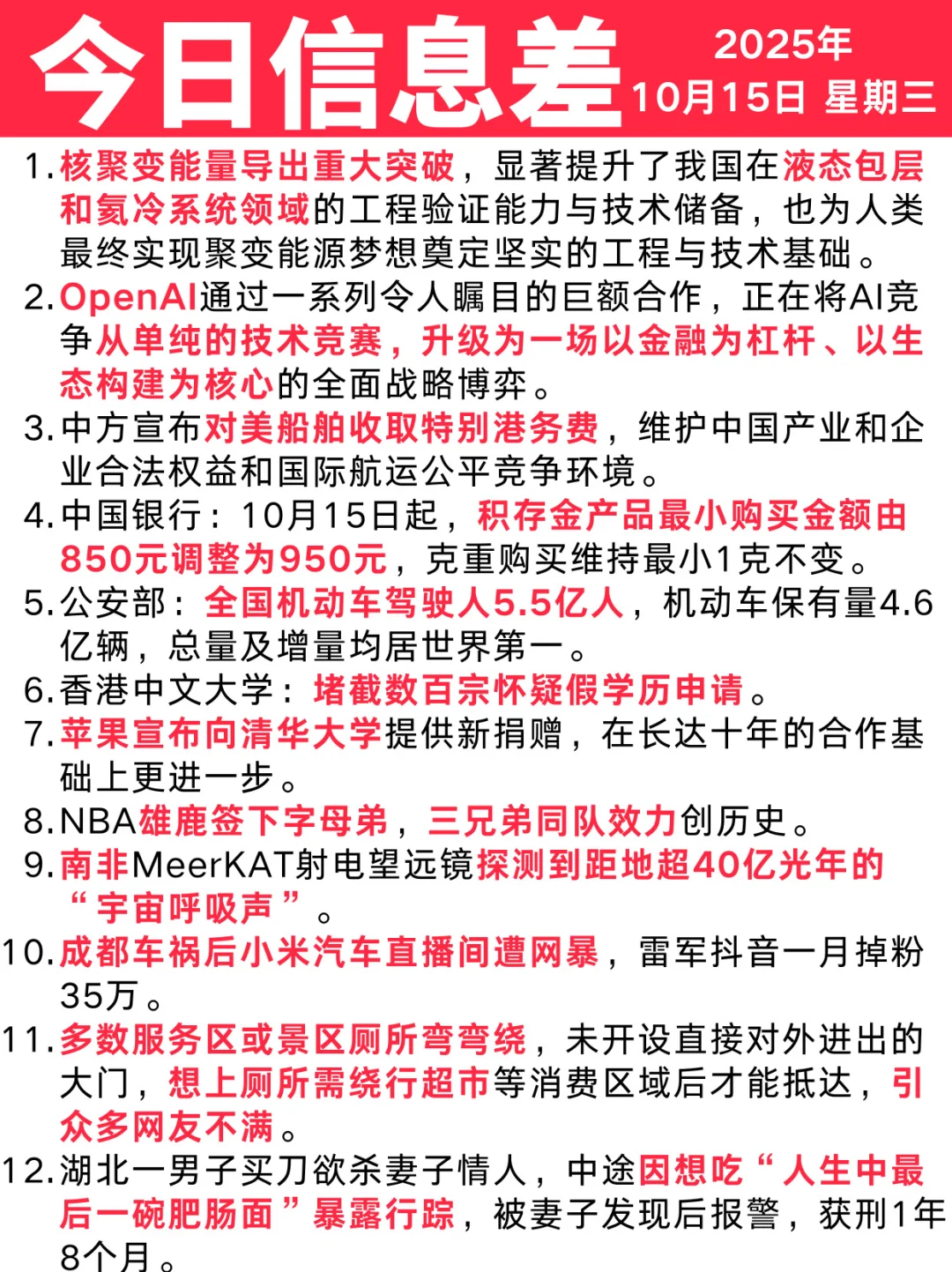 今日信息差｜10 🈷️ 15 日