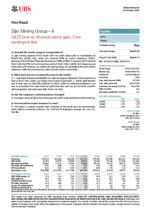 瑞银研报：紫金矿业-Q325业绩超预期