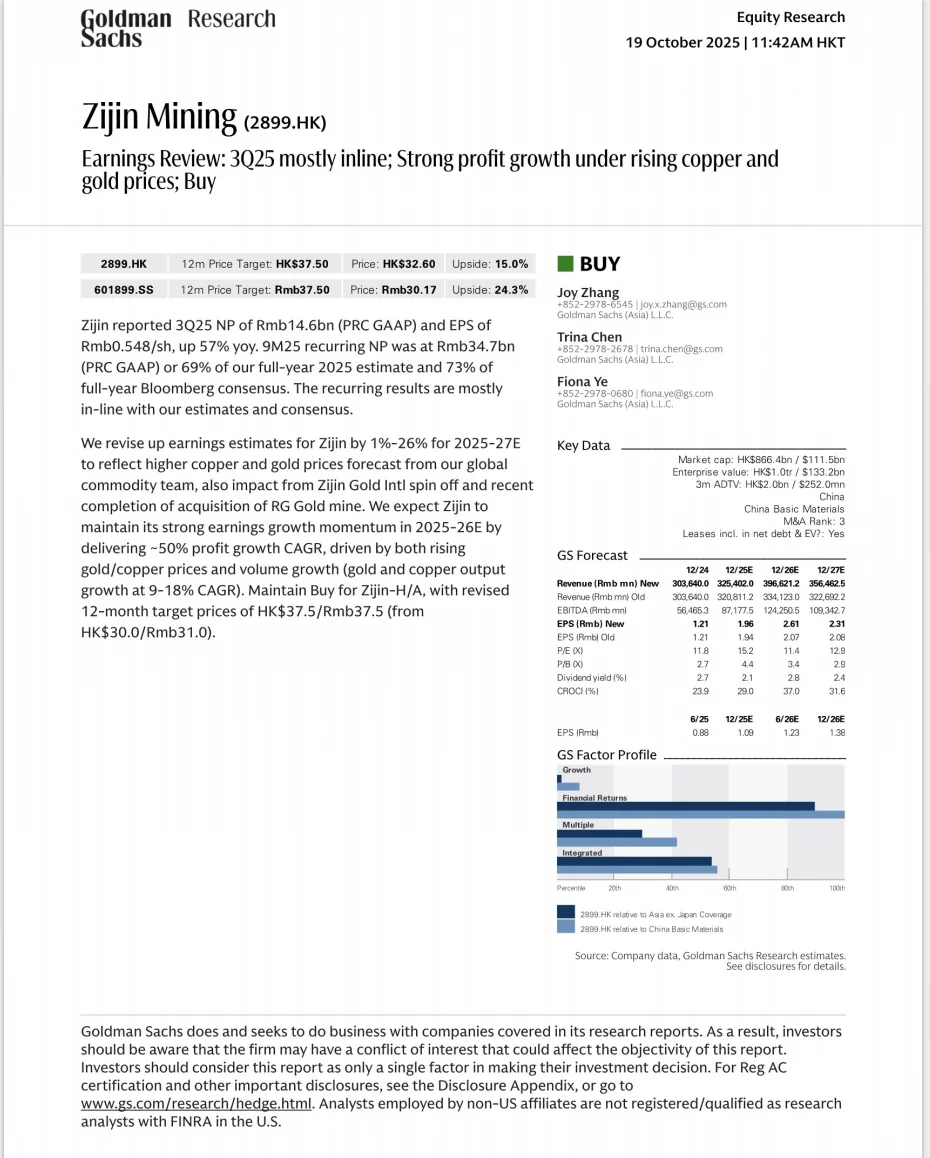 高盛研报，紫金矿业第三季财报解读，超级周期