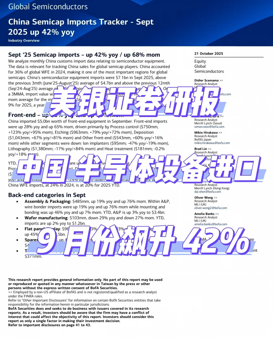 美银研报,中国 9 月半导体设备进口飙升42%