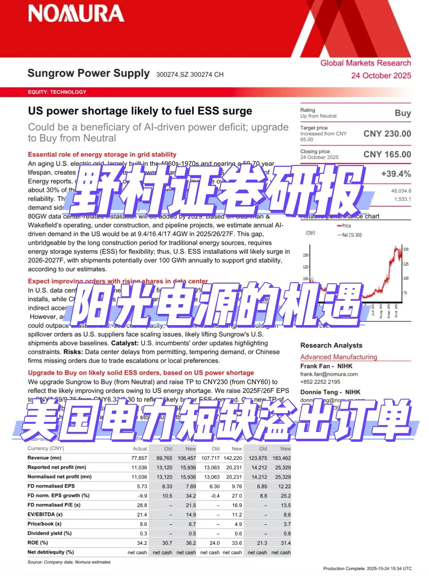 野村研报，阳光电源的机遇，美国AI 电力短缺