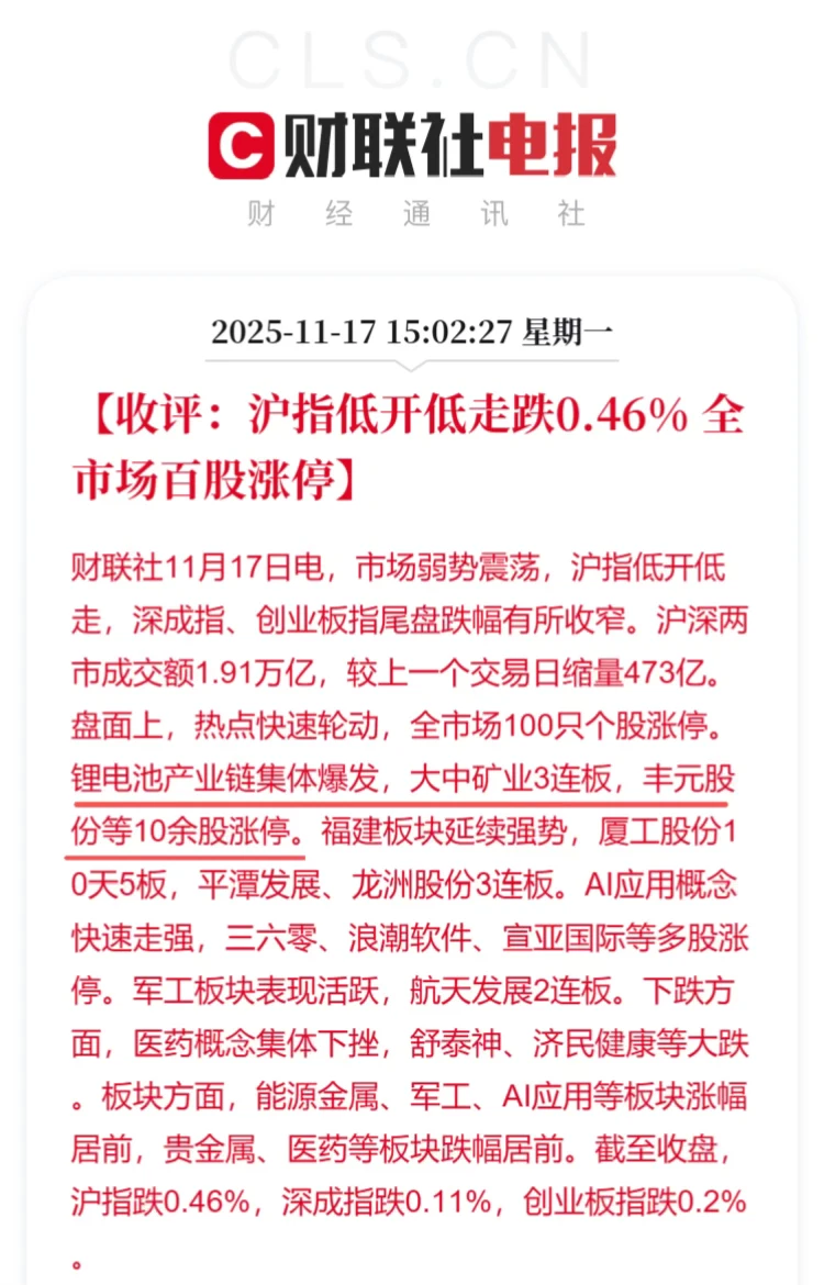 11.17收评:热点快速轮动 A股再现百股涨停