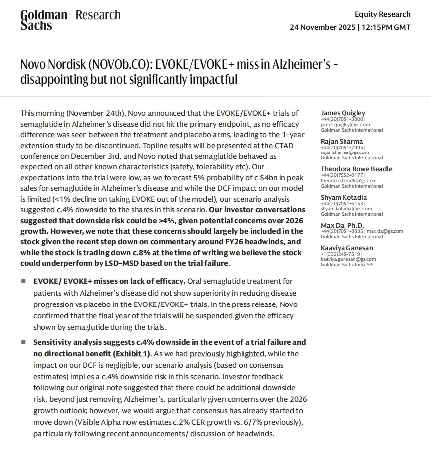 GS 研报：诺和诺德阿尔茨海默症试验失败