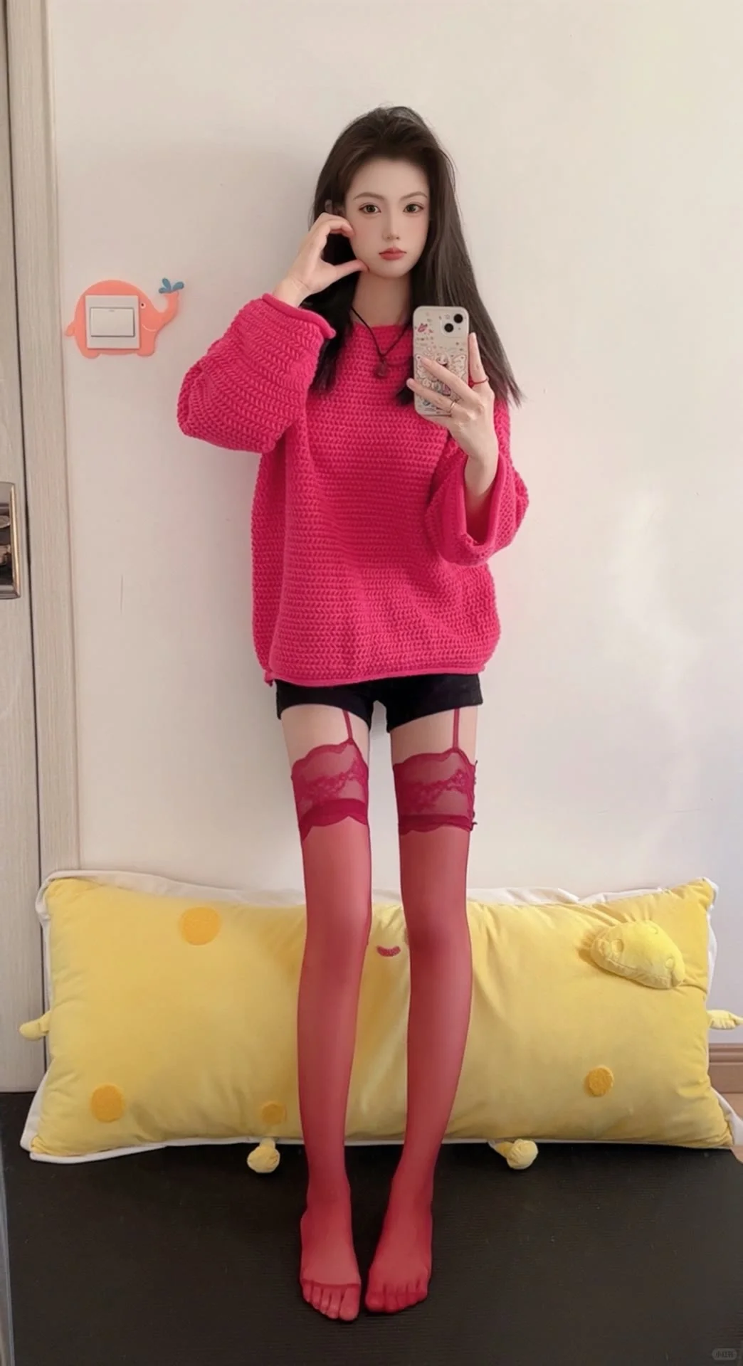 依旧红色吊带袜