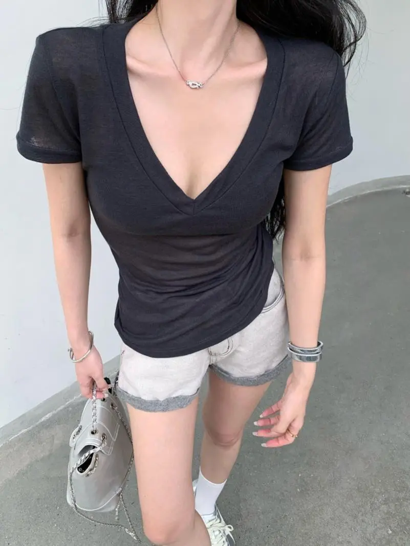 纯欲风甜辣妹白色v领短袖t恤女夏季透视修