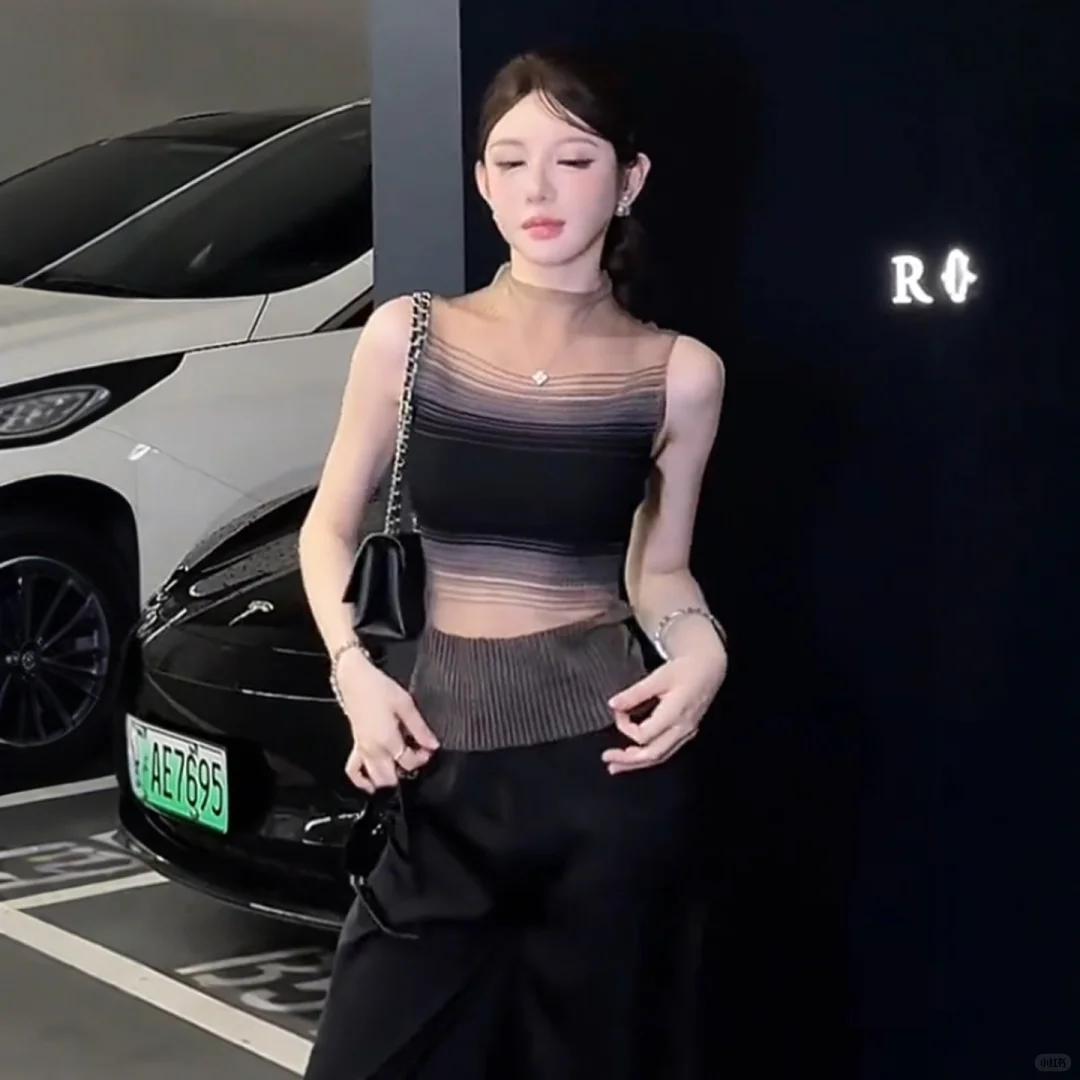 纯欲风辣妹撞色透视网纱背心女2025夏设