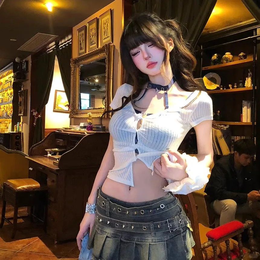 右肩短袖纯欲风性感透视T恤✨夏日心动之选
