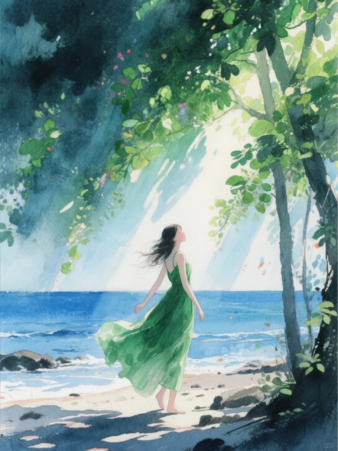 收集165：插画🌼森林里的绿裙女孩