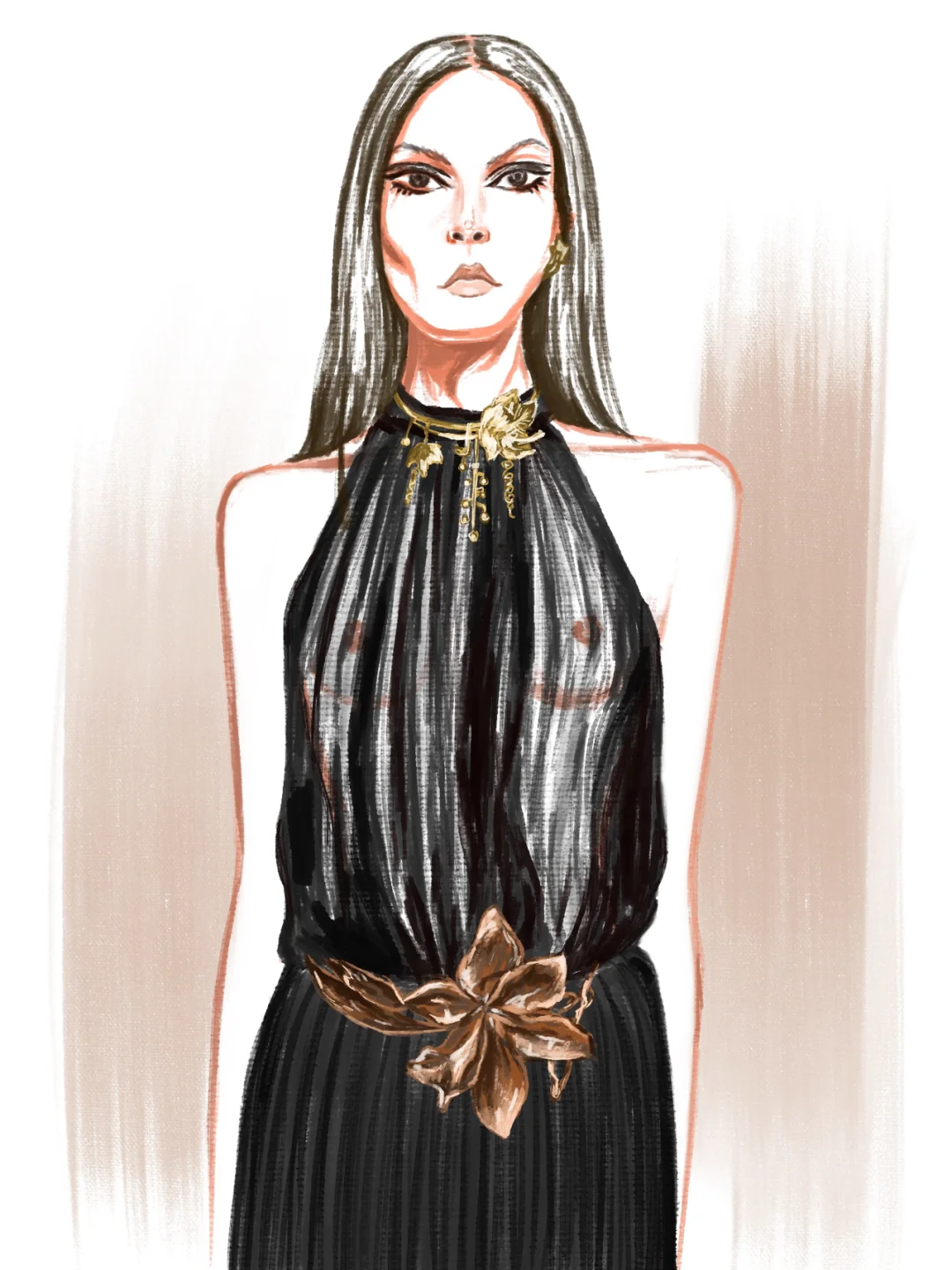 Procreate时尚插画｜穿黑色透视裙的YSL女郎
