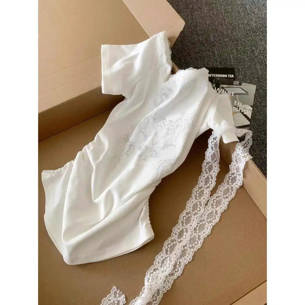 纯欲风白色一字领蕾丝飘带斜肩短袖t恤女夏