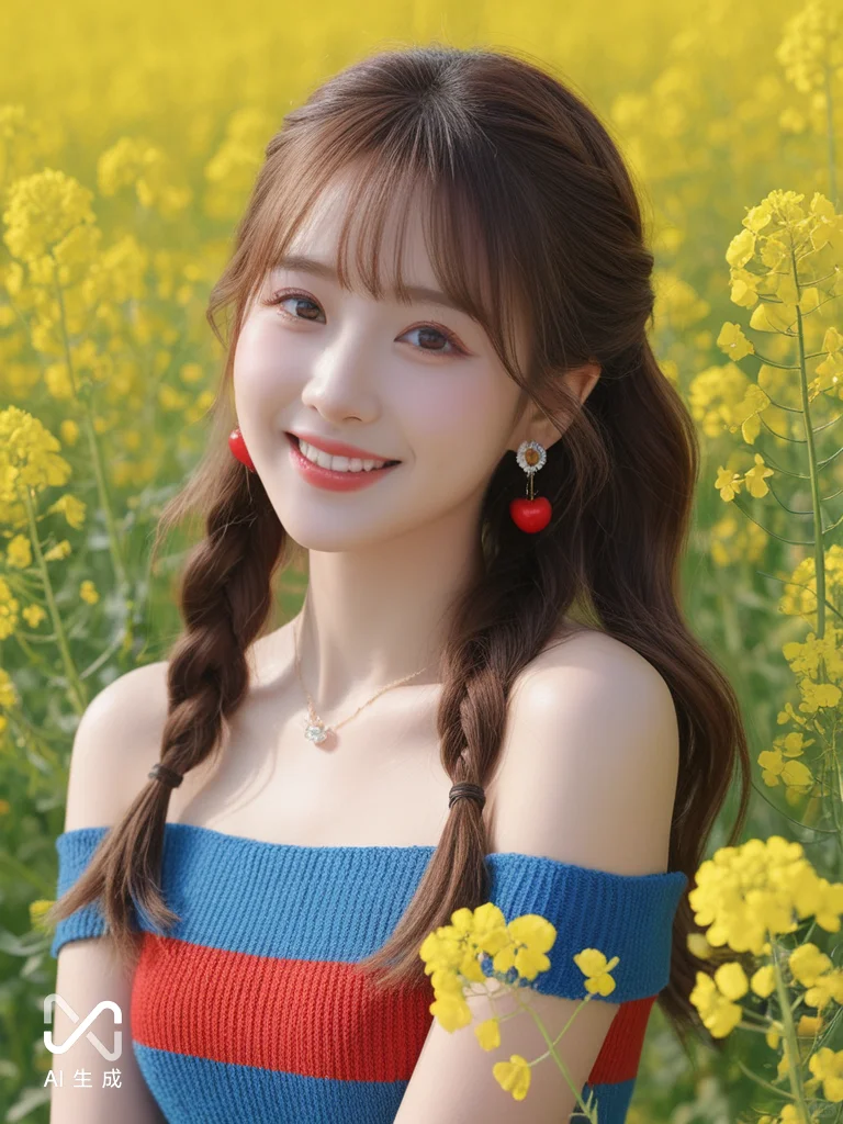 AI生成红蓝条纹AI花海写真