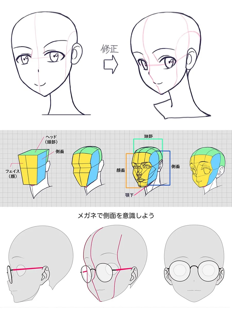 头部三维结构：几何体块与透视辅助线