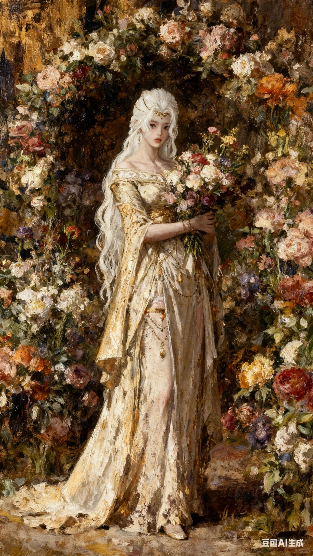 玫瑰花丛中，一位优雅的女士