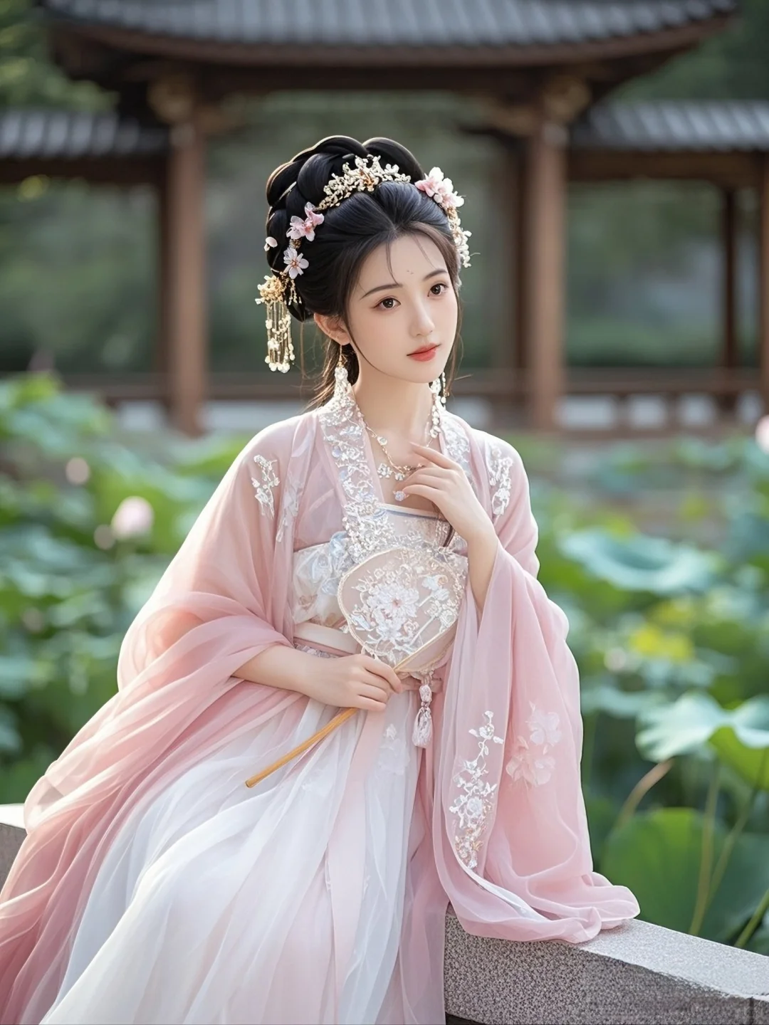 粉色汉服与鲜花的邂逅，是温柔与浪漫的交织