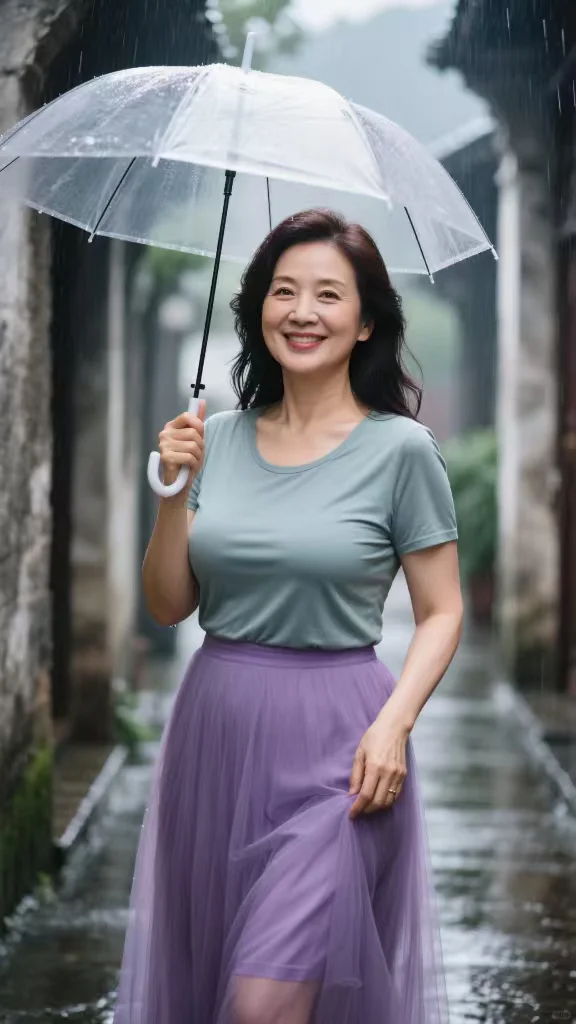 雨中漫步，48岁的打伞成熟阿姨藏着岁月韵味