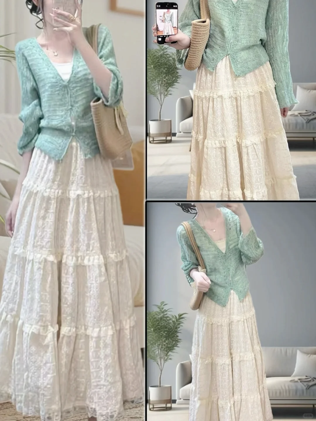薄荷绿针织与蕾丝长裙，演绎清新文艺的穿搭