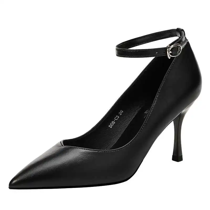 工作鞋女黑色高跟鞋细跟职业一字扣尖头百搭