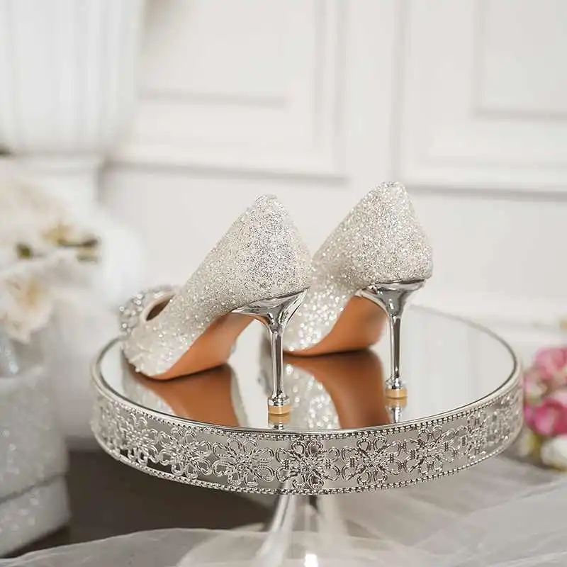 银色婚鞋新娘鞋新款夏季宴会高跟鞋女细跟主