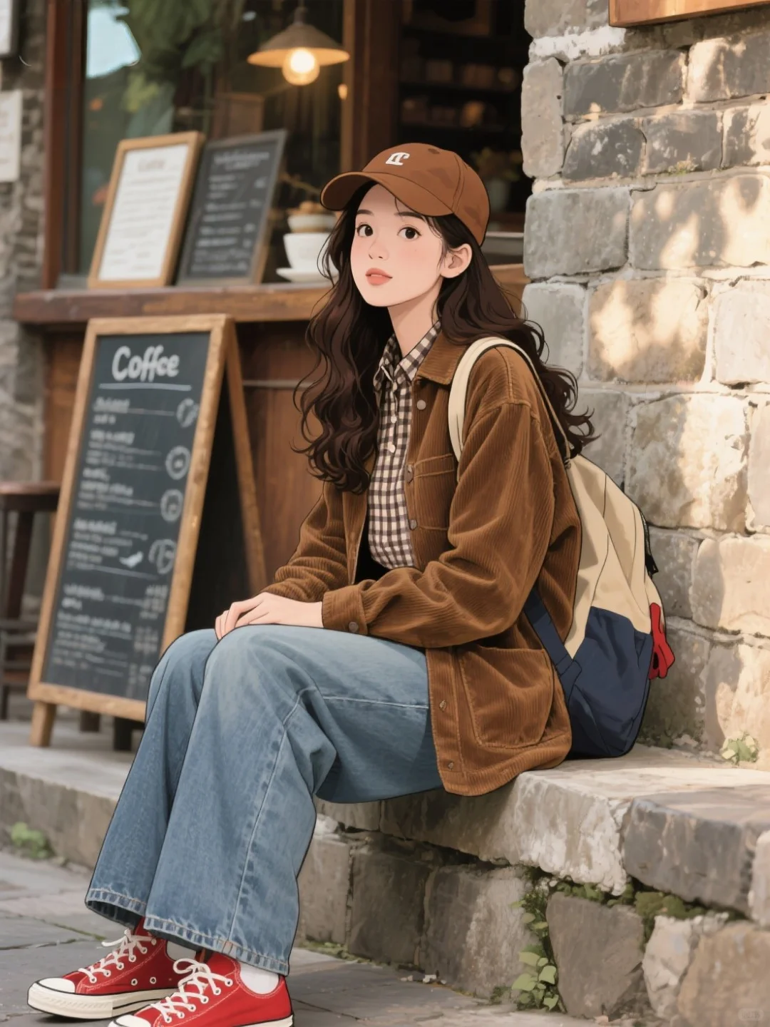 🍁复古叠穿美学｜咖色外套+格纹衬衫+牛仔