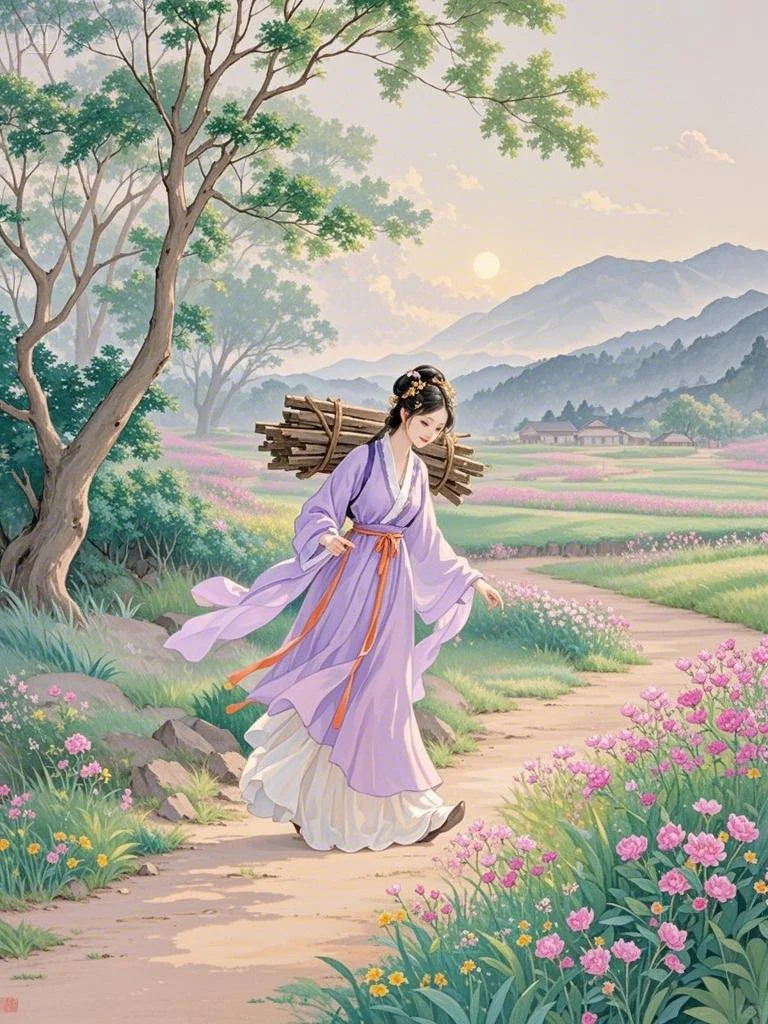 古装少女怀抱柴薪，山间美景相伴