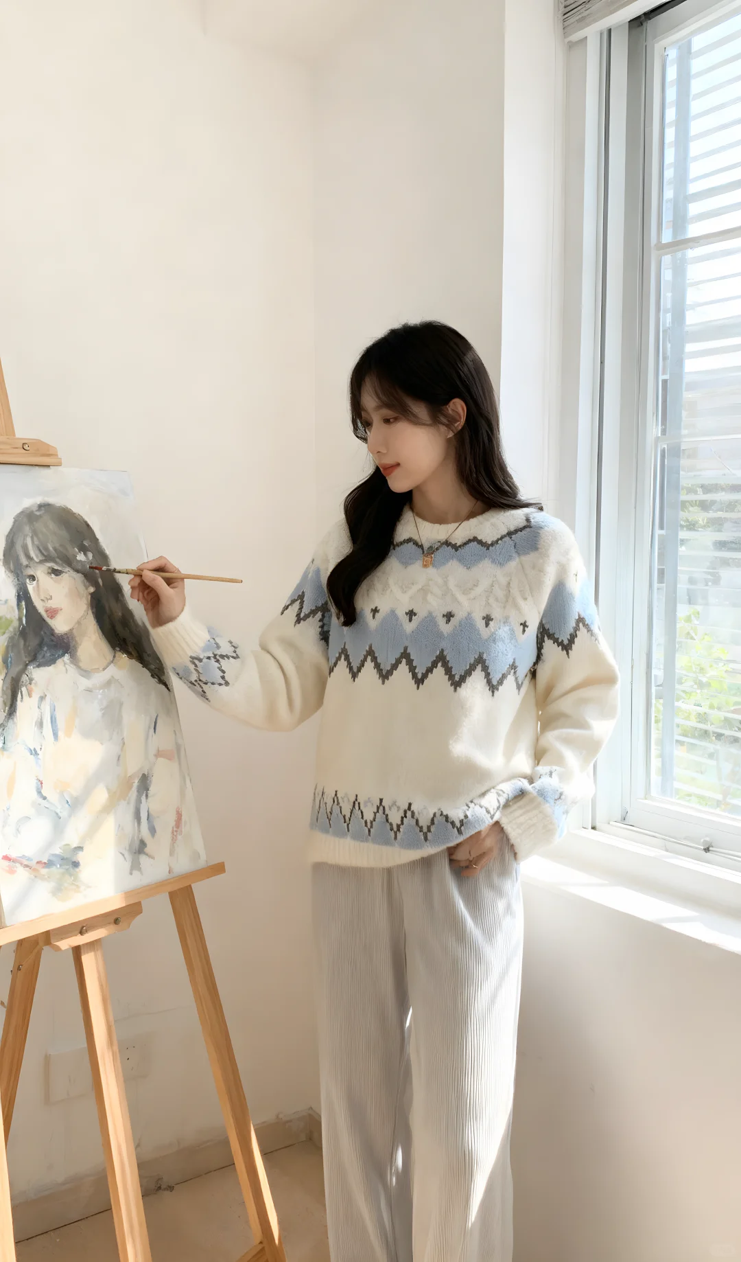 费尔岛菱格圆领毛衣女慵懒风刺绣撞色针织衫