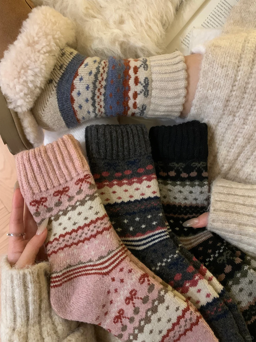 费尔岛樱桃！甜系复古毛圈袜~被新袜子美住