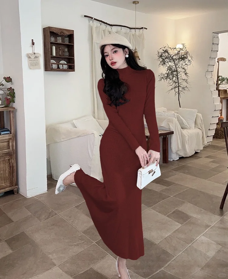 好温柔的百搭气质V领针织内搭连衣裙、